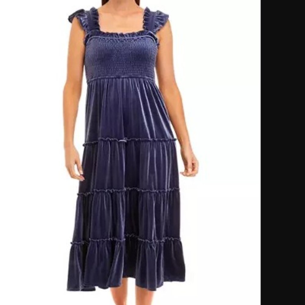 crown & ivy Navy Blue Velvet Tiered Midi Dress